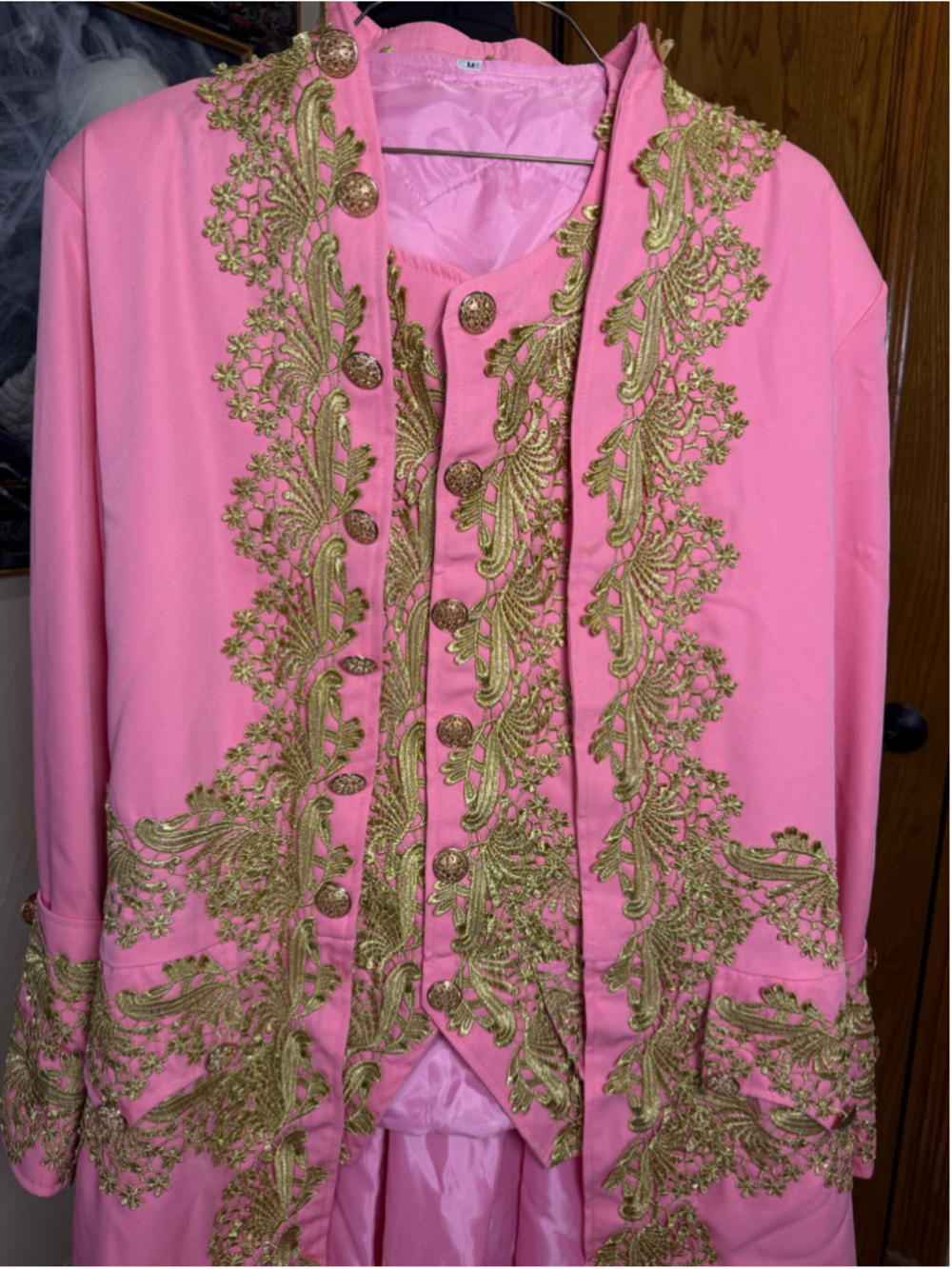 Men’s Baroque Renaissance Court Suit Pink Gold Brocade Vest Jacket Medium